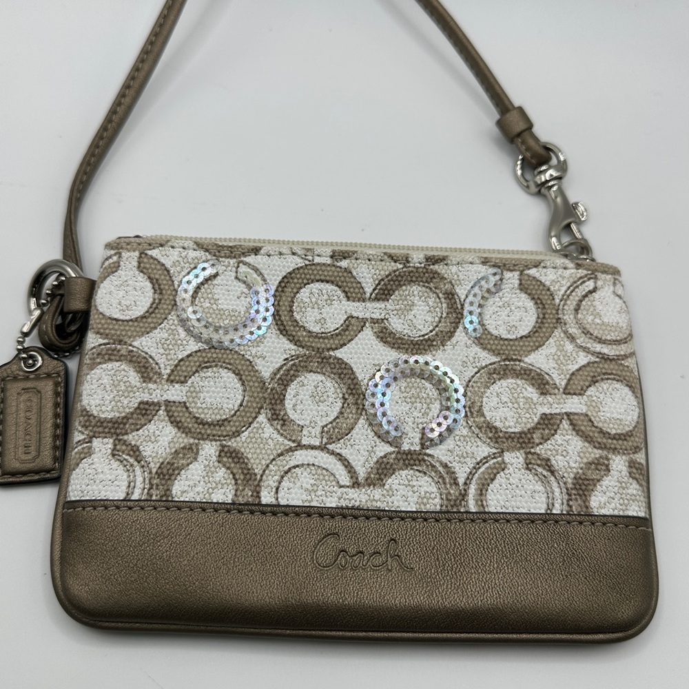 Coach Kristin Op Art Tan & Cream Signature Sequin Wristlet